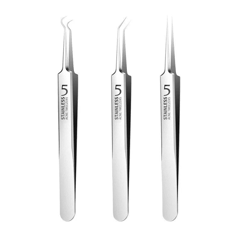 Blackhead Remover Tweezers 3-Piece Set for Acne Pimple Extraction - Stainless Steel