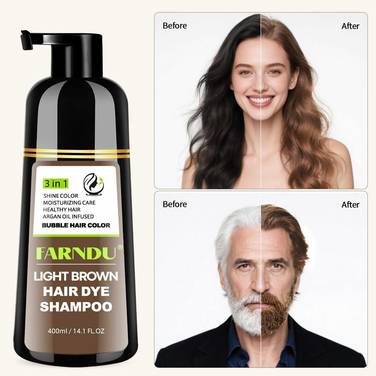 Light Brown Hair Dye Shampoo 3-in-1 Nourishing Hair Color for Gray Coverage