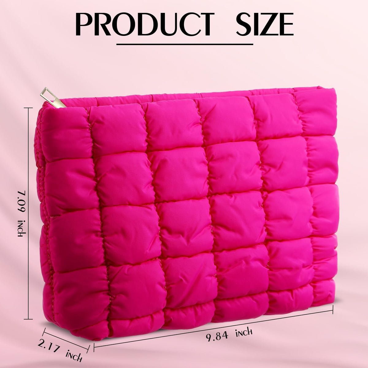 Puffy Quilted Makeup Bag with Zipper - Travel Cosmetic Organizer, Rose Red