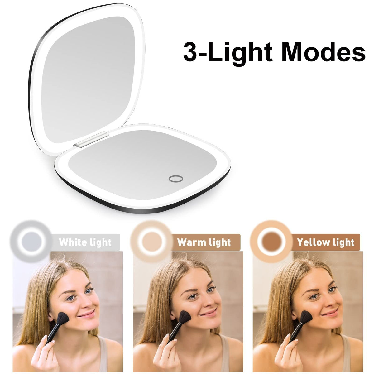 Lighted Travel Makeup Mirror with 1X/10X Magnification, Dimmable LED, USB Rechargeable, Portable Compact