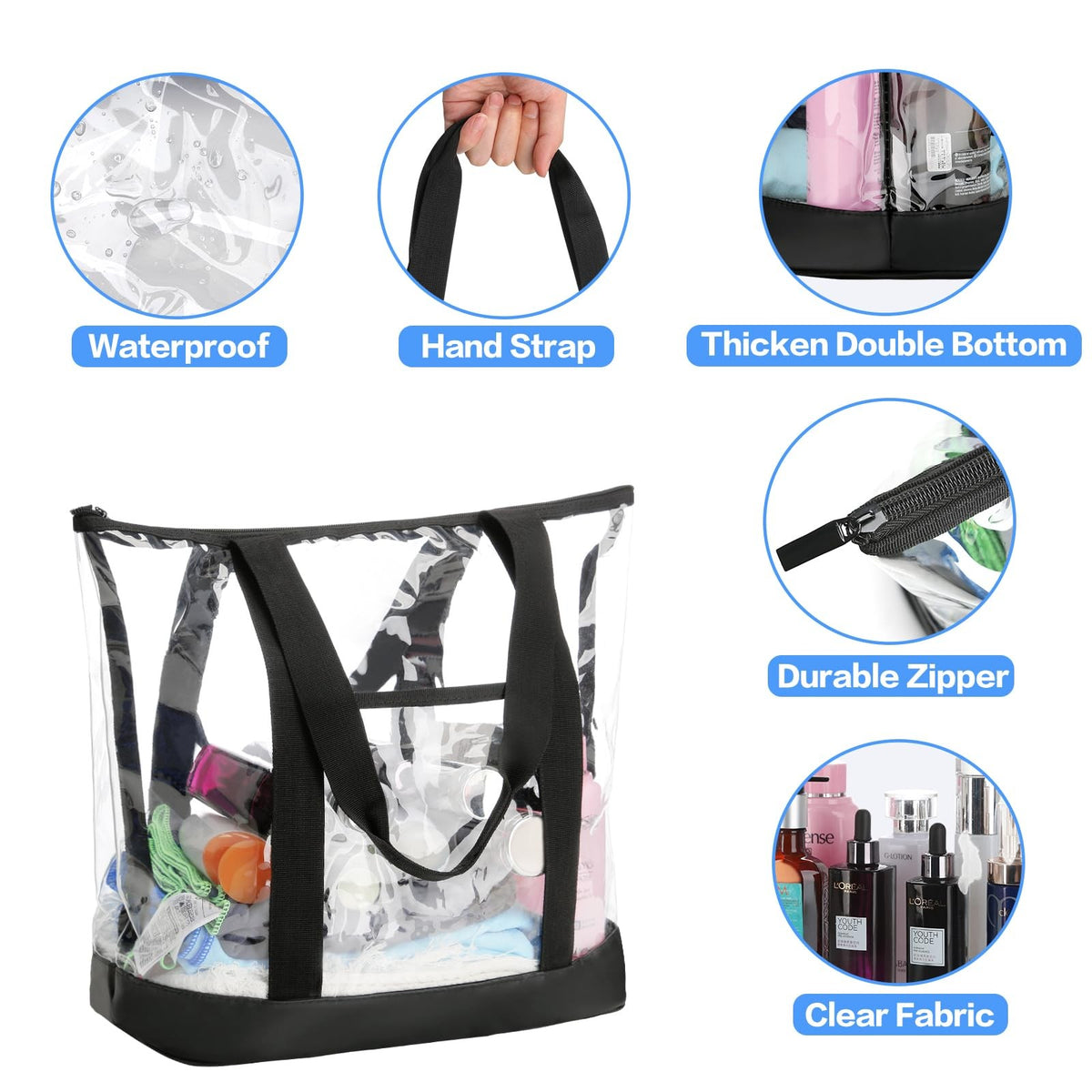 Large Waterproof Clear Makeup Travel Bag PVC Tote with Handles