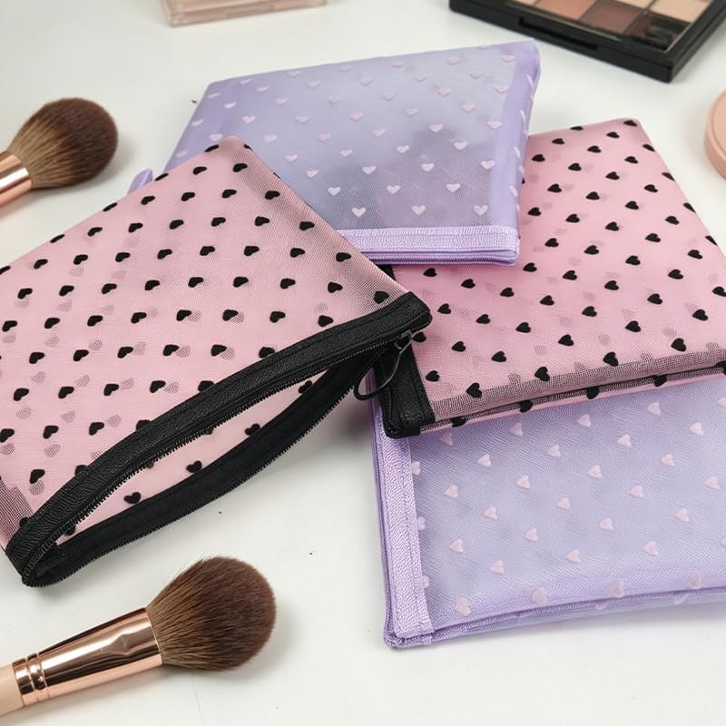 Heart Print Mesh Makeup Bags Set - 4 Pcs Cosmetic & Toiletry Organizer