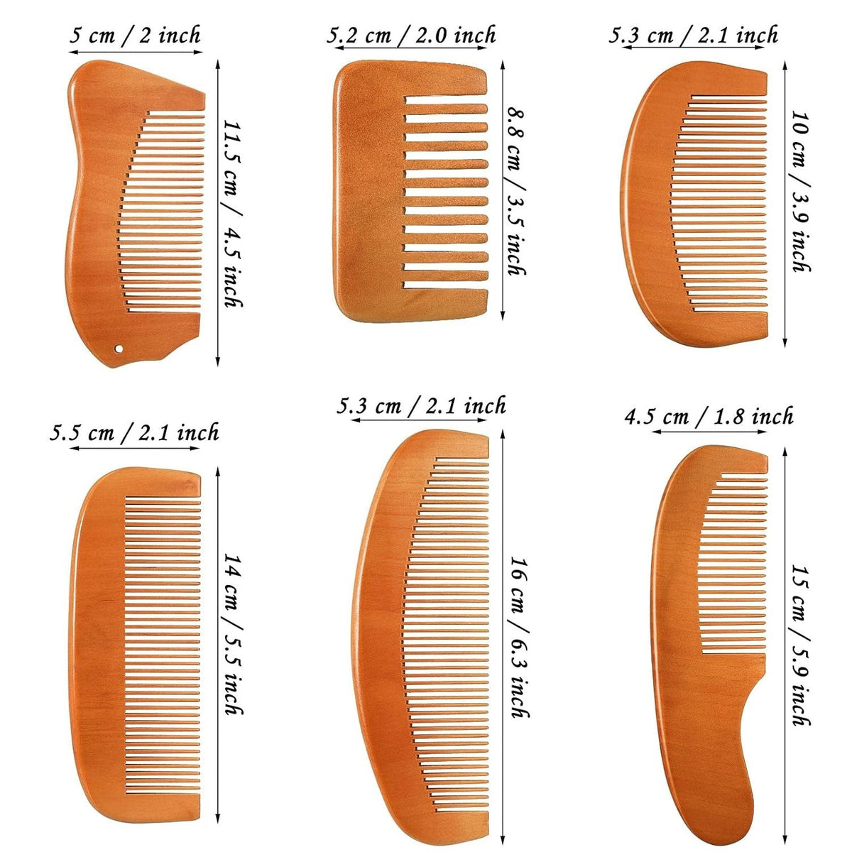 Natural Sandalwood Comb Set - 6 Anti-Static Grooming Combs for Hair & Scalp