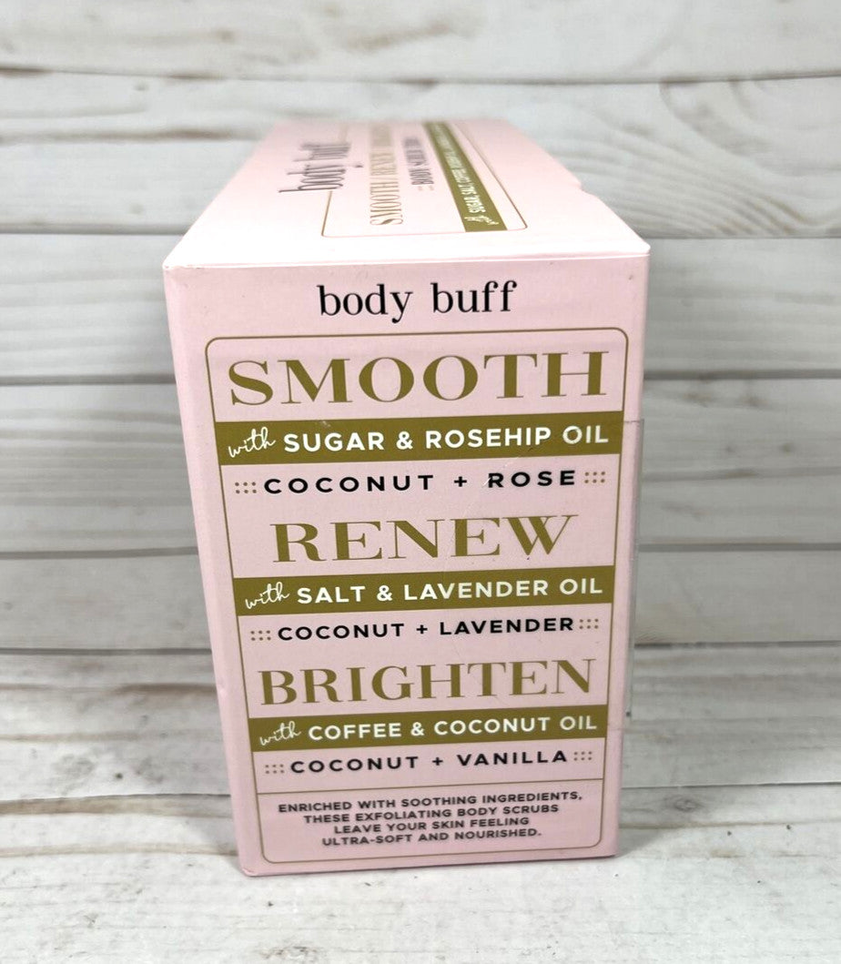 Body Buff Scrub Trio Coffee Salt Sugar Smooth Renew Brighten Coconut
