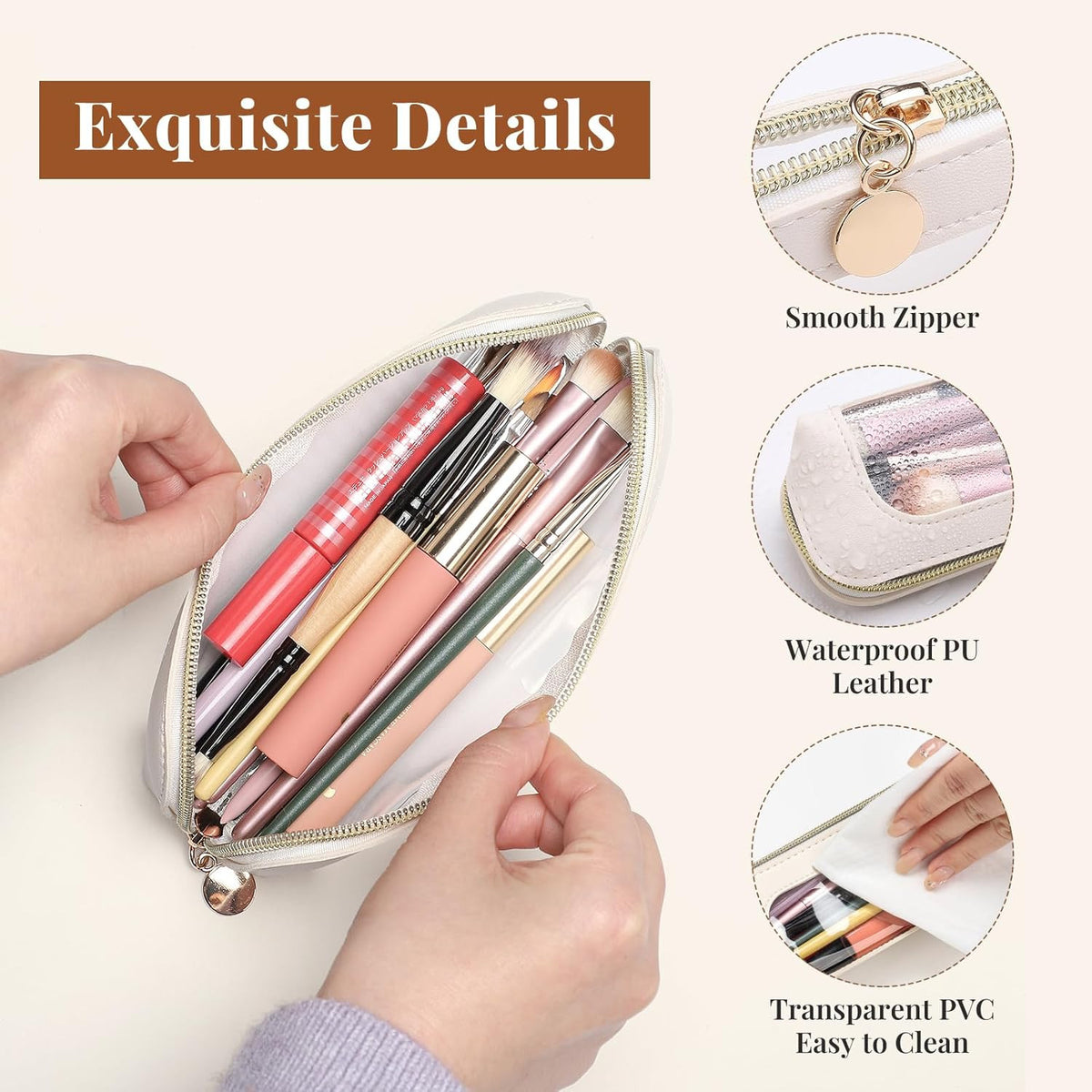Clear PU Leather Makeup Bag with Transparent Window, Small Travel Cosmetic Case