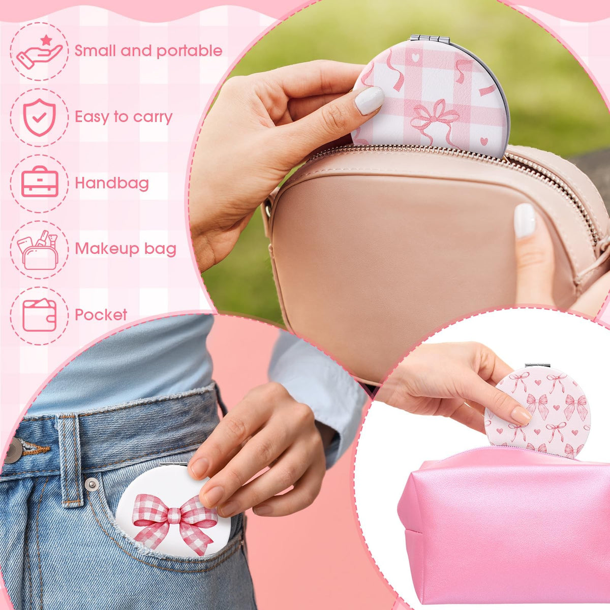 6 Pack Pink Bow Compact Mirrors - Double Sided Makeup & Travel Mirrors