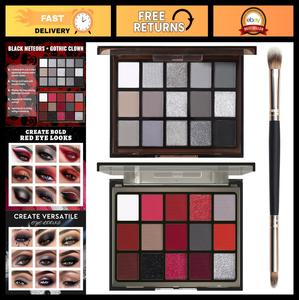 Halloween Eyeshadow Palette Set - Black Red Shimmer Matte Metallic
