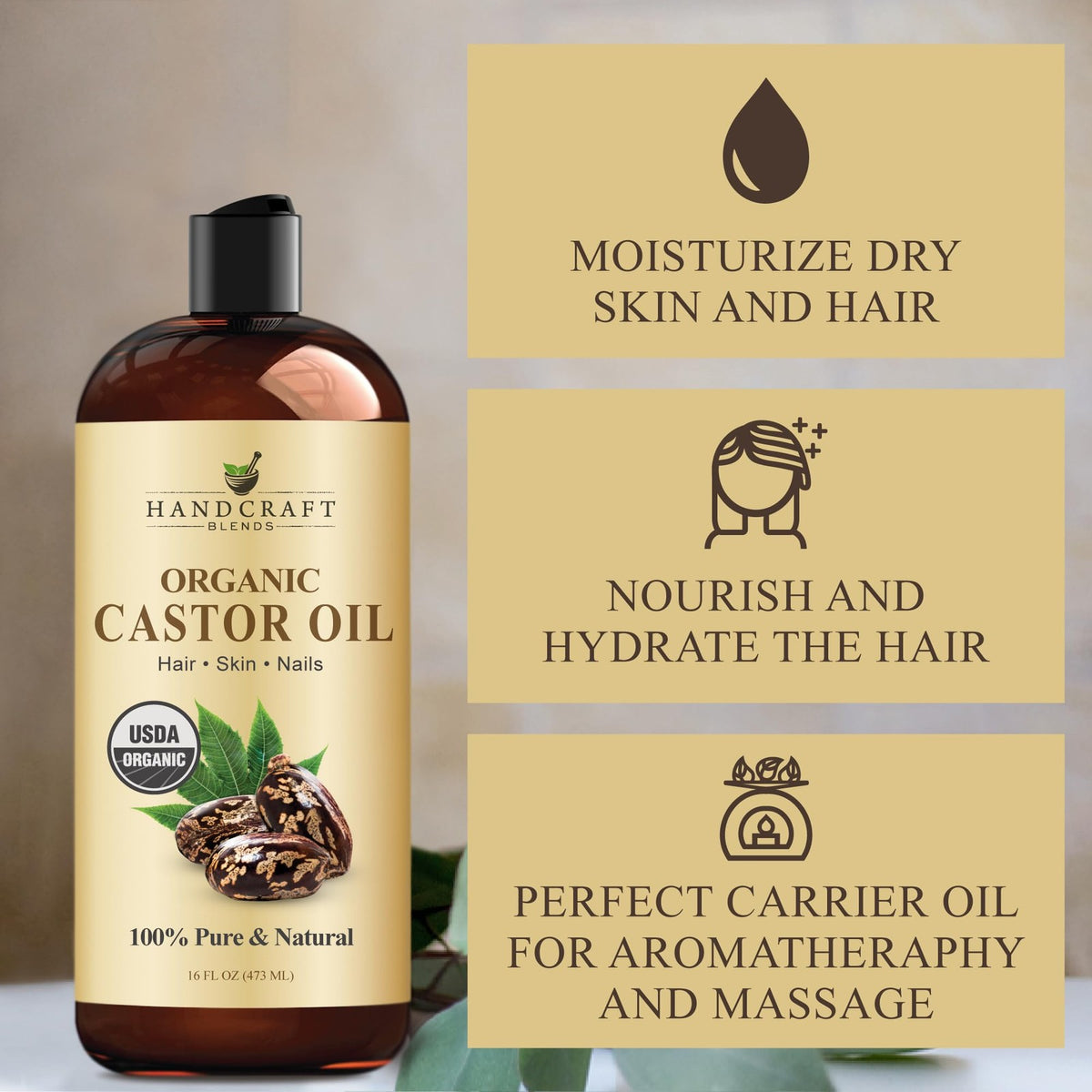 Organic Castor Oil 16 Fl Oz - Pure Natural Hair & Skin Moisturizer