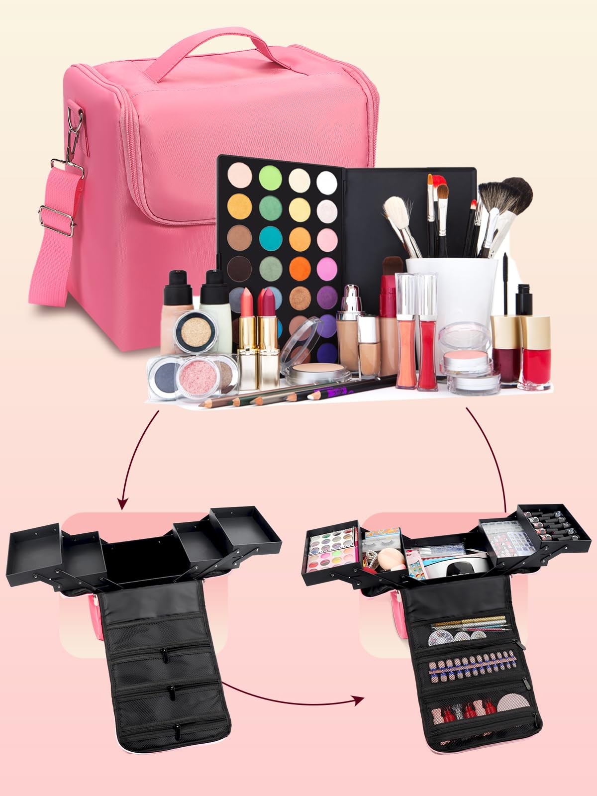 Large Pink Makeup & Nail Polish Organizer Bag 4-Tier Waterproof Travel