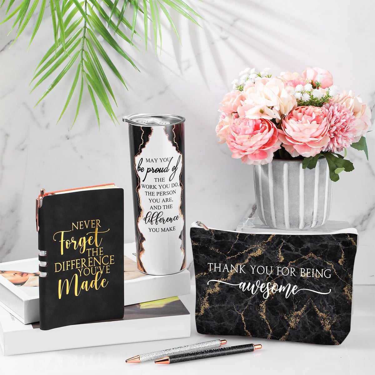 Employee Appreciation Gift Set for Women - Stainless Steel Tumbler Notepad & Makeup Bag