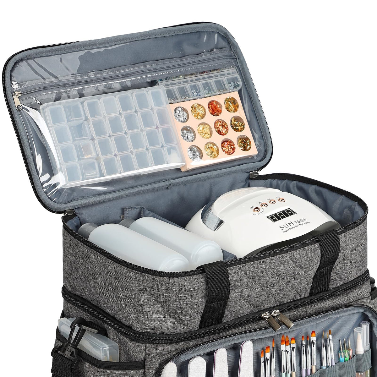 Double Layer Nail Polish Organizer with Lamp & Pouches - Holds 80 Bottles