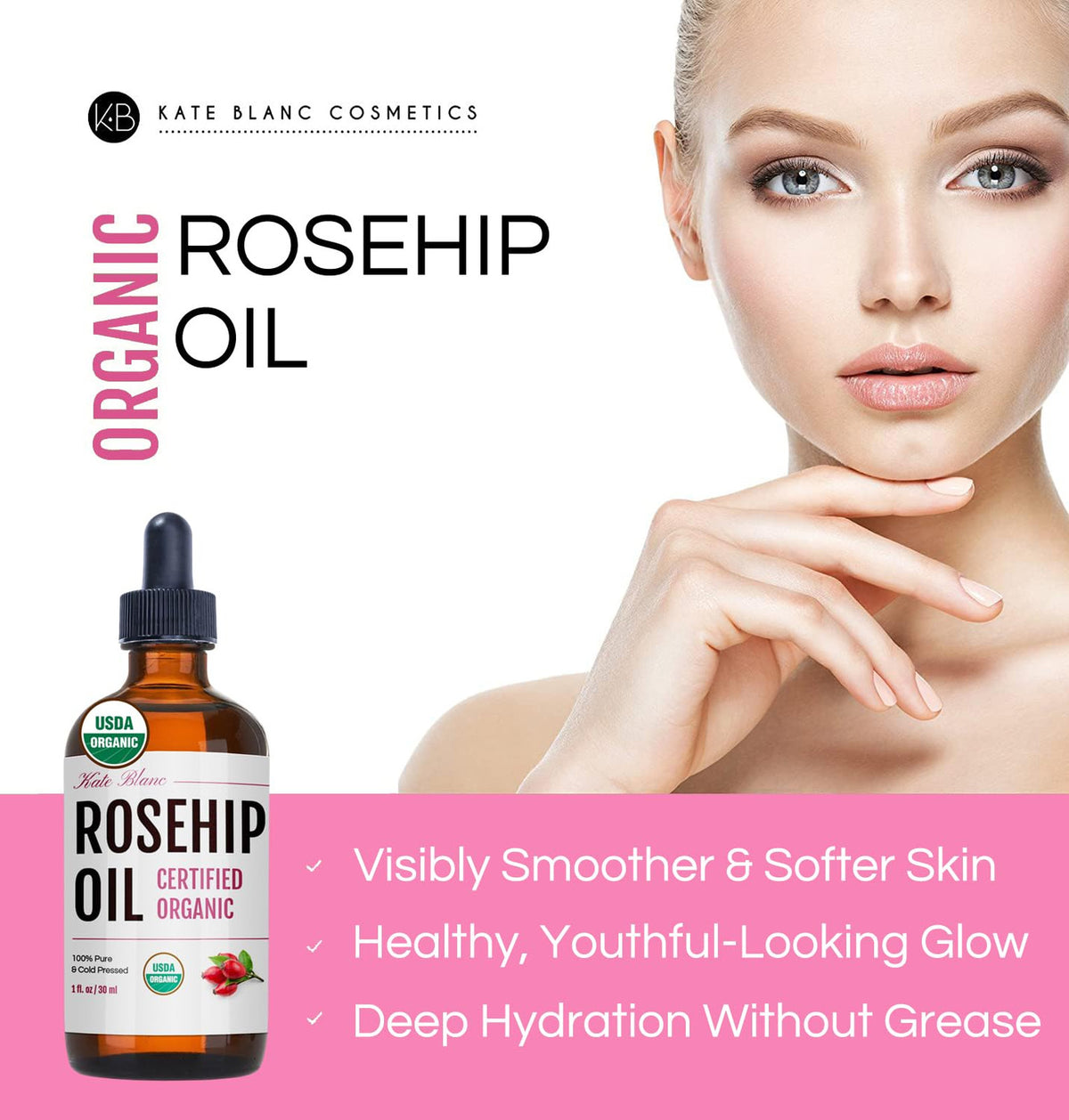 Organic Rosehip Seed Oil for Face & Skin - 1oz Cold Pressed Nourishing Oil