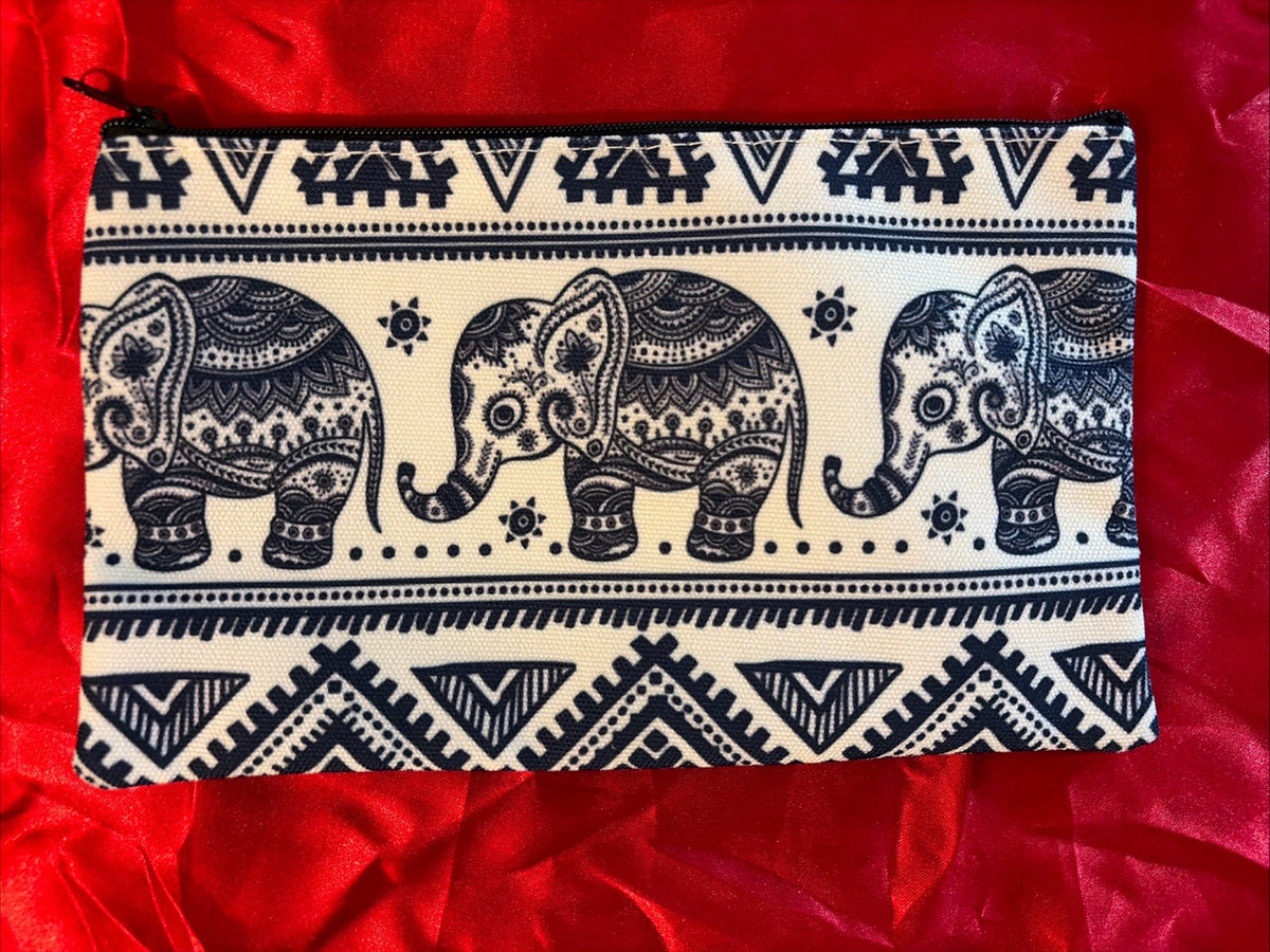 Elephant Cosmetic Bag Makeup Purse Clutch Organizer Blue Ivory Boho