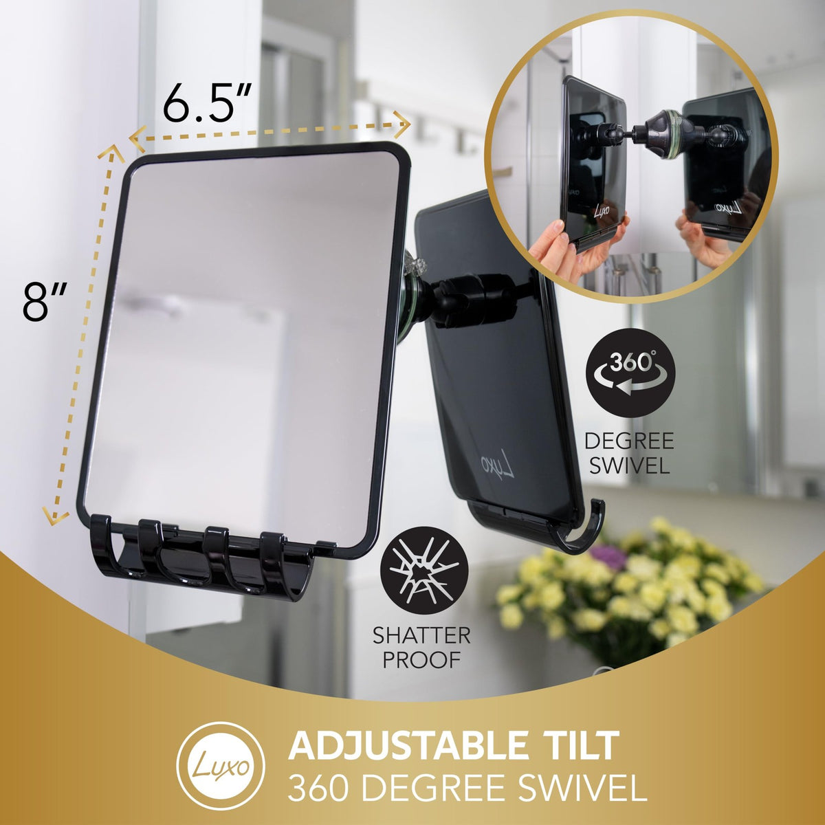 Fog-Resistant Shower Mirror with Suction Cup, 8.7 x 6.3 in, Clear/White