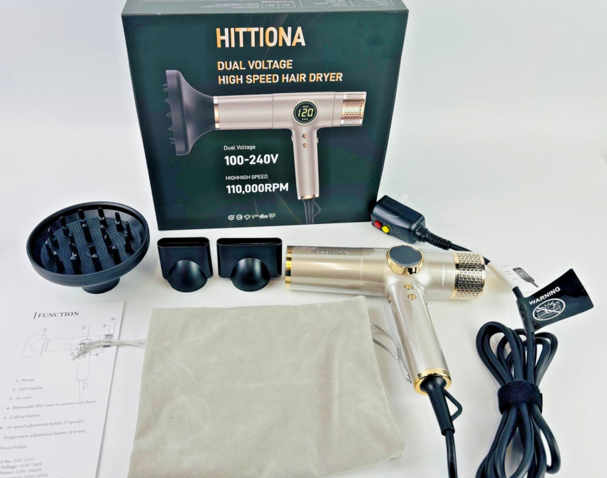Dual Voltage Travel Hair Dryer with Magnetic Diffuser - 2000W Ionic, Lightweight