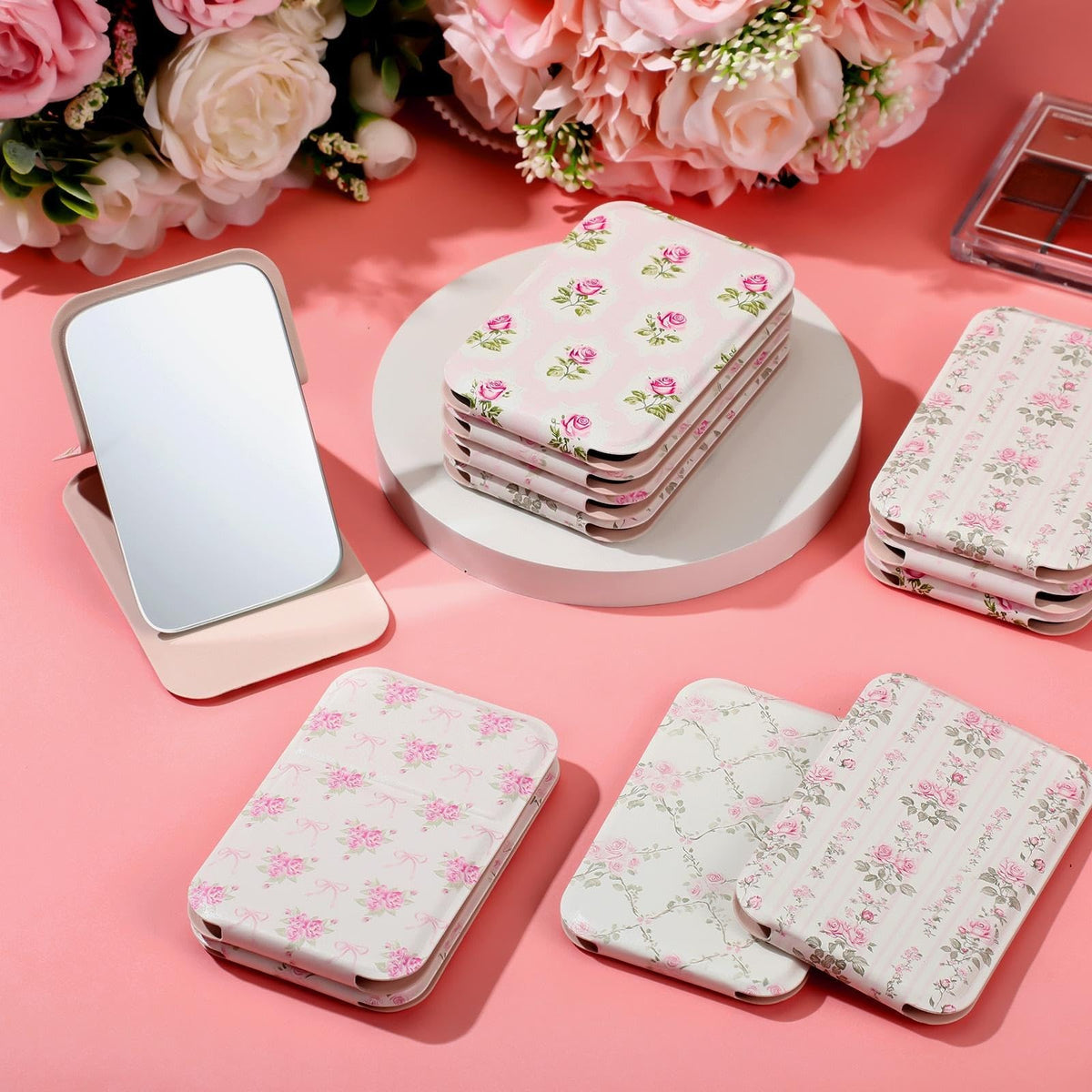 12 Pack Pink Compact Folding Mirrors - Portable Hand Mirrors for Women