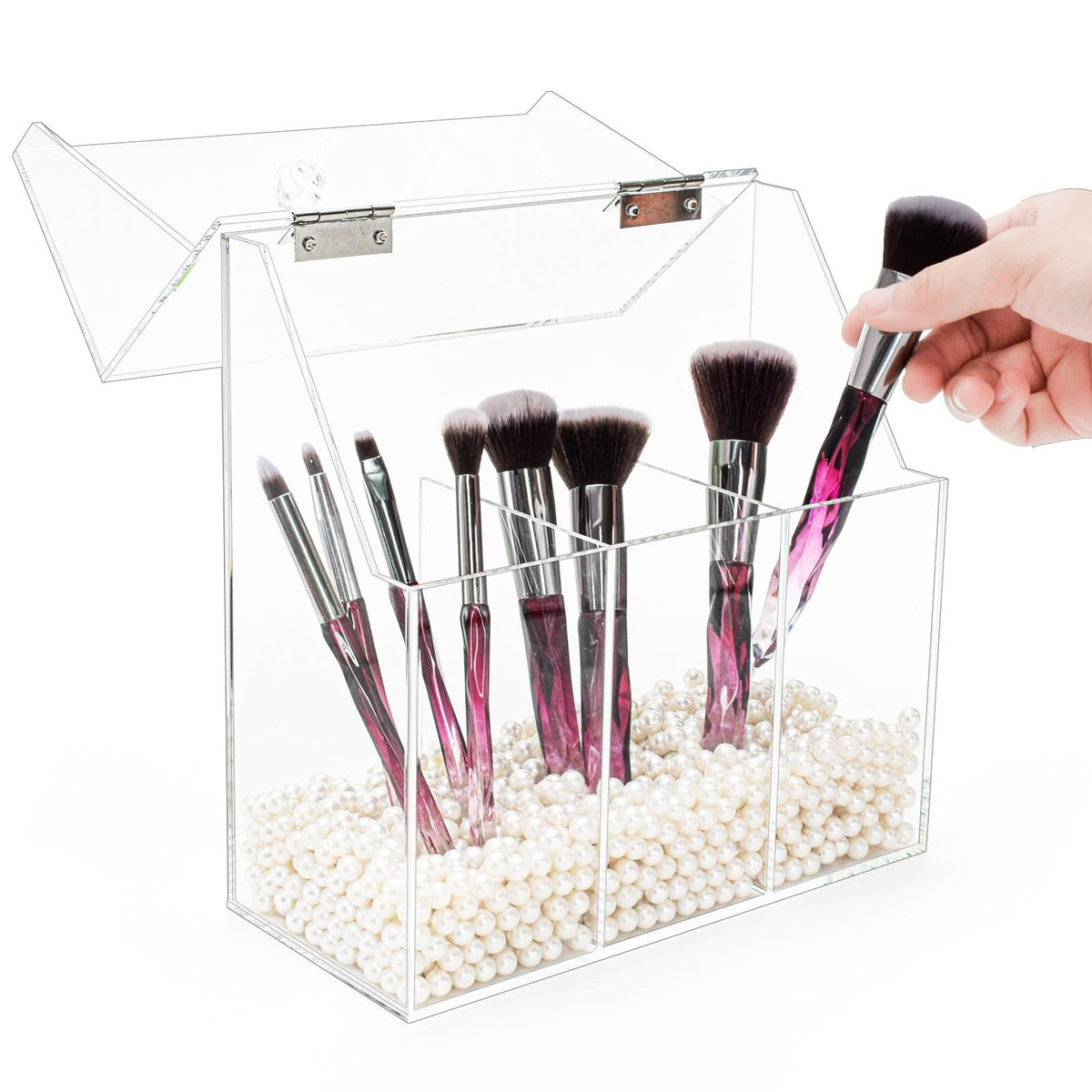 Acrylic Makeup Brush Holder with Dustproof Lid & White Pearls, Large Organizer