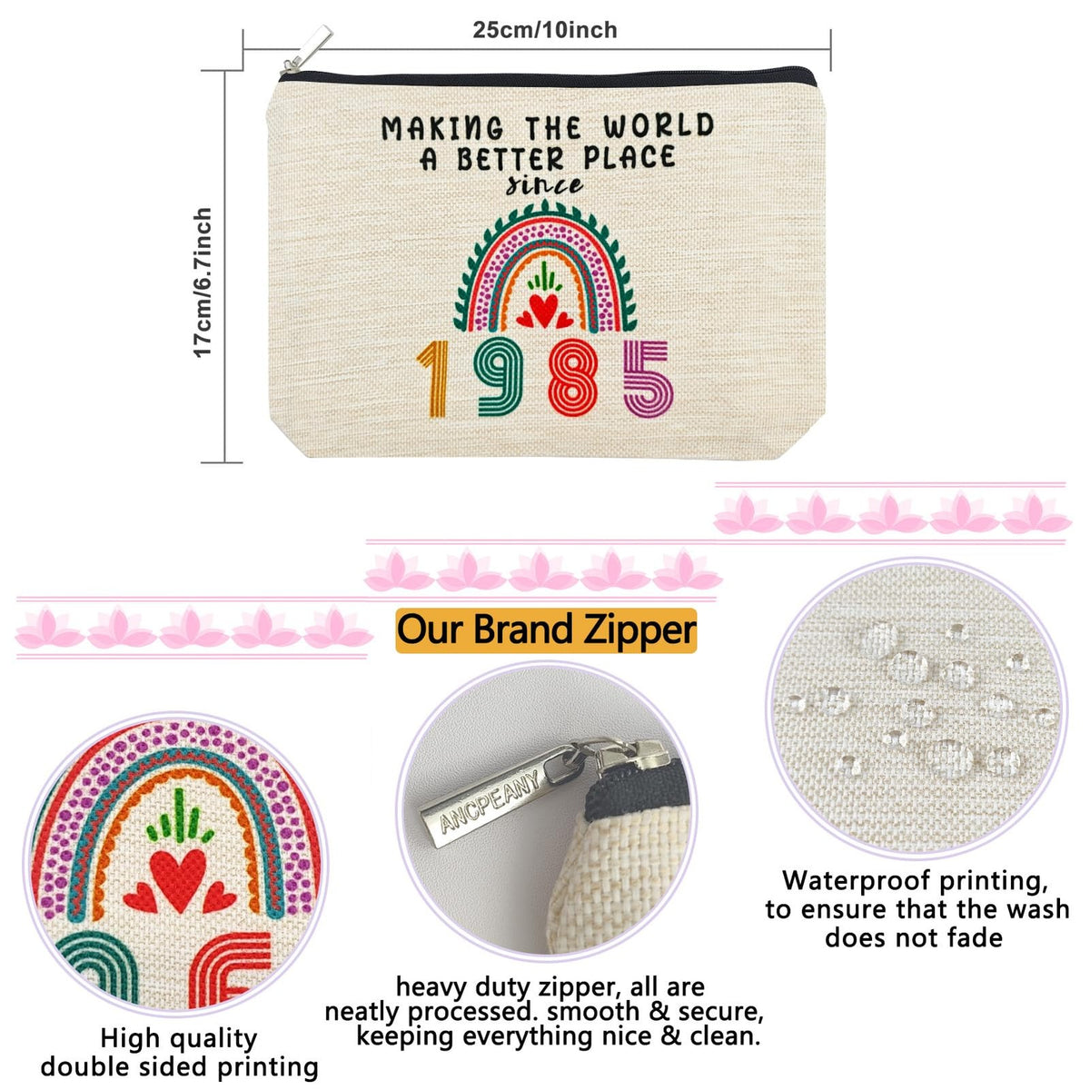 41st Birthday Makeup Bag for Women - Waterproof Flax Cosmetic Pouch