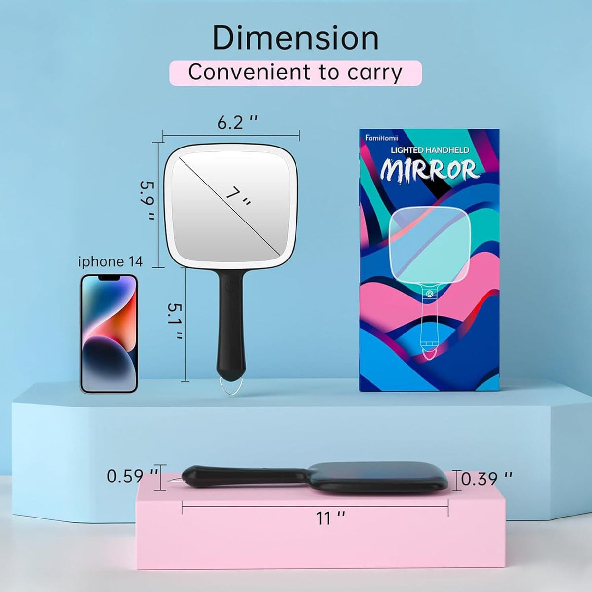 Lighted Hand Mirror with Dimmable 3 Light Colors - Portable & Lightweight