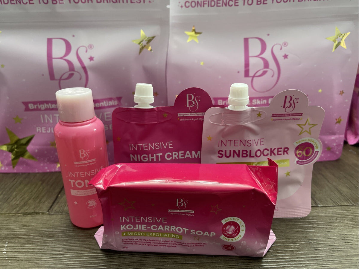 Brightest Skin Essentials Rejuvenating Skin Care Set with Kojie Soap, Toner, Night Cream & Sunblock
