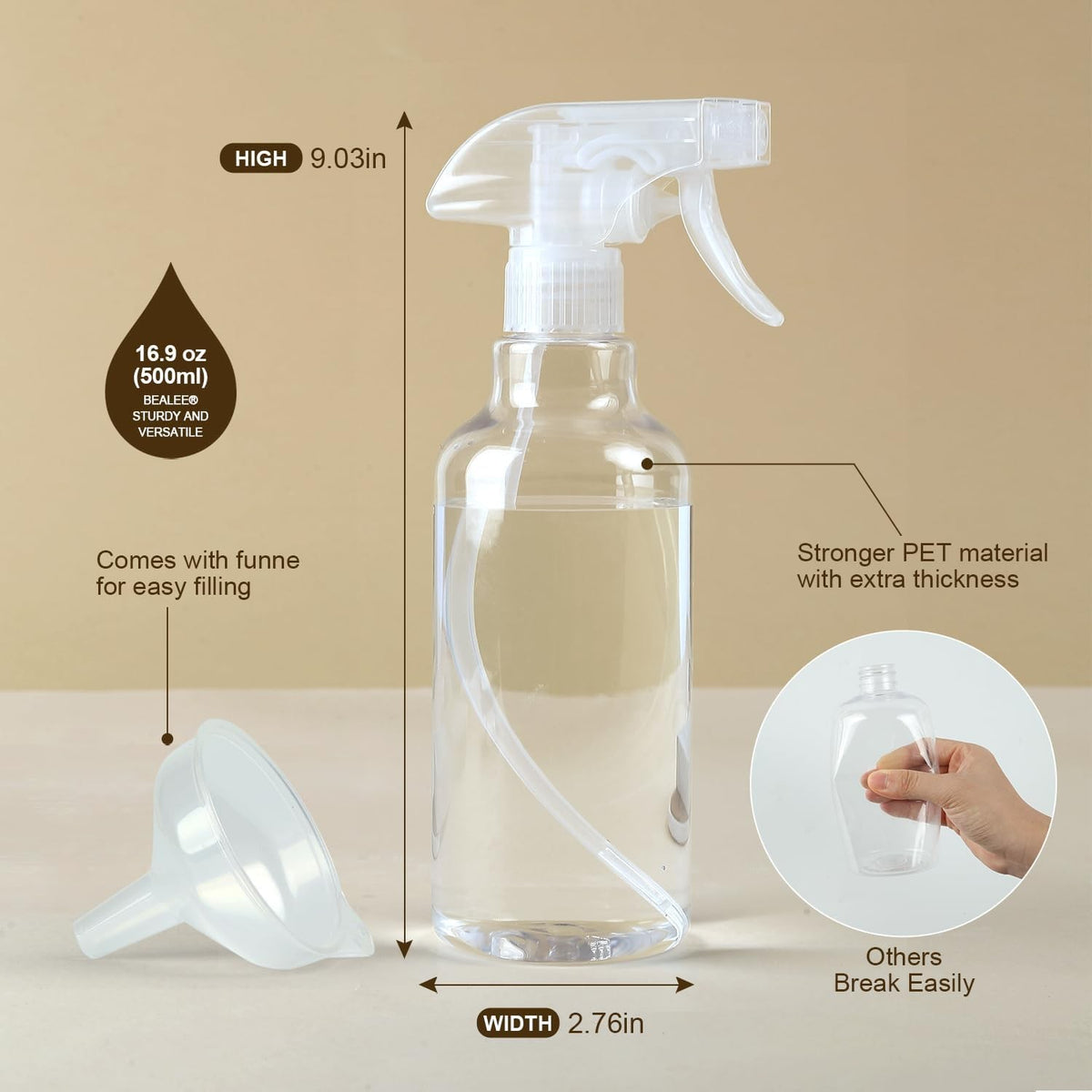 Heavy Duty Plastic Spray Bottles 16.9oz 2-Pack with Mist & Stream Modes