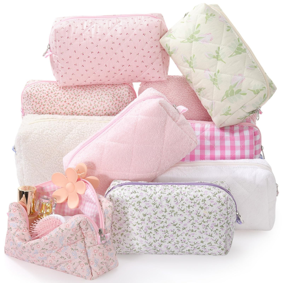 10 Pcs Quilted Makeup Bag Set with Floral Cotton Design Travel Organizer