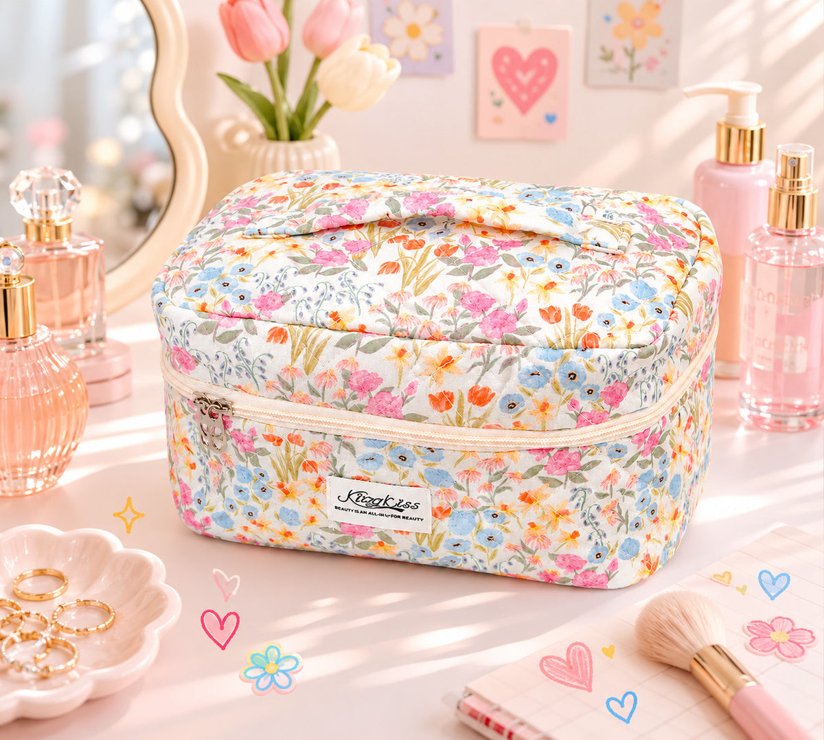 Large Quilted Cosmetic Bag - Water-Resistant Makeup Organizer for Travel