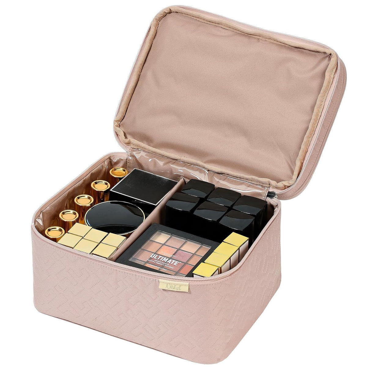 Double Layer Makeup Bag Organizer Travel Cosmetic Case with Adjustable Dividers