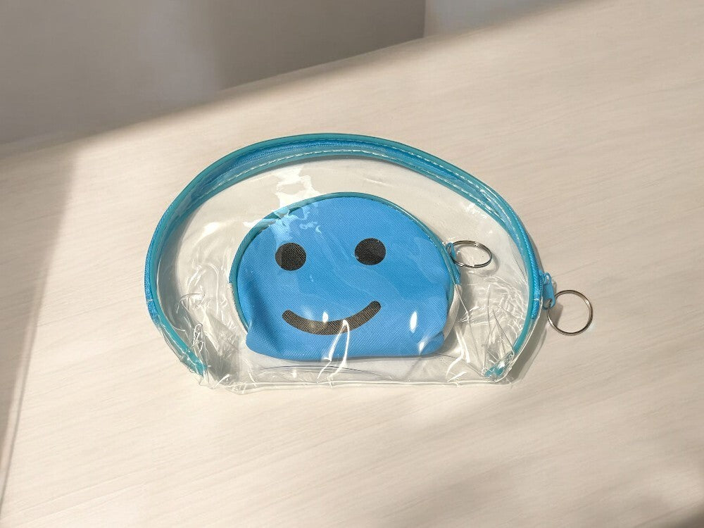 Large Zipper Cosmetic Bag & Happy Face Coin Purse Set - Clear & Cute