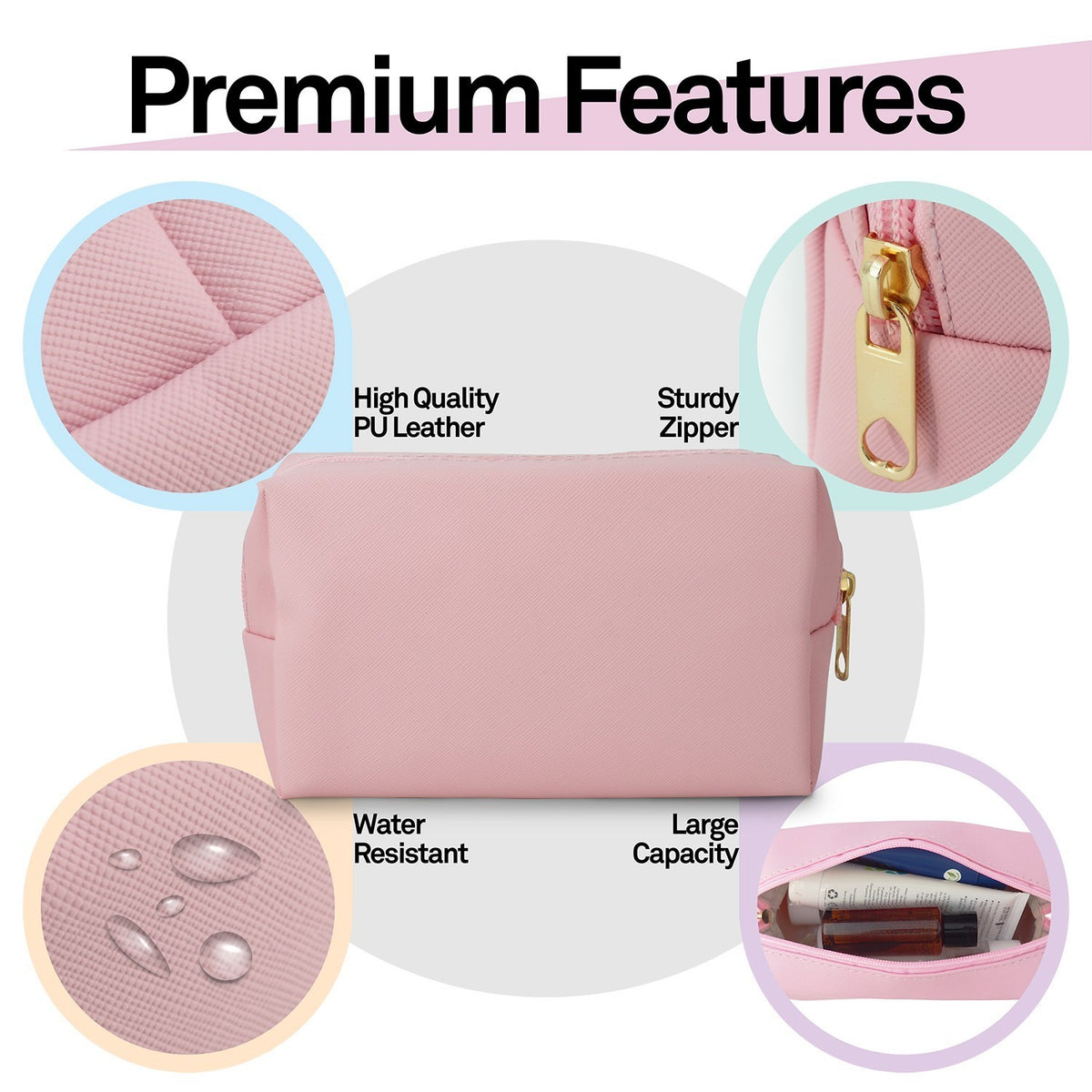 Water-Resistant Leather Makeup Bag Travel Cosmetic Pouch Small Toiletry Organizer