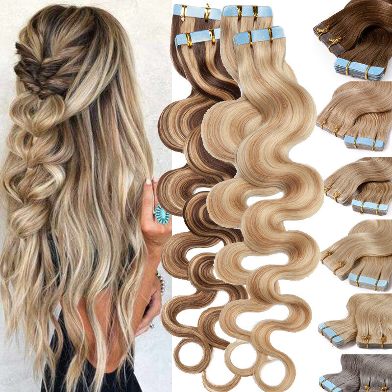 Remy Human Hair Extensions Tape In Full Head Wavy Balayage 200g