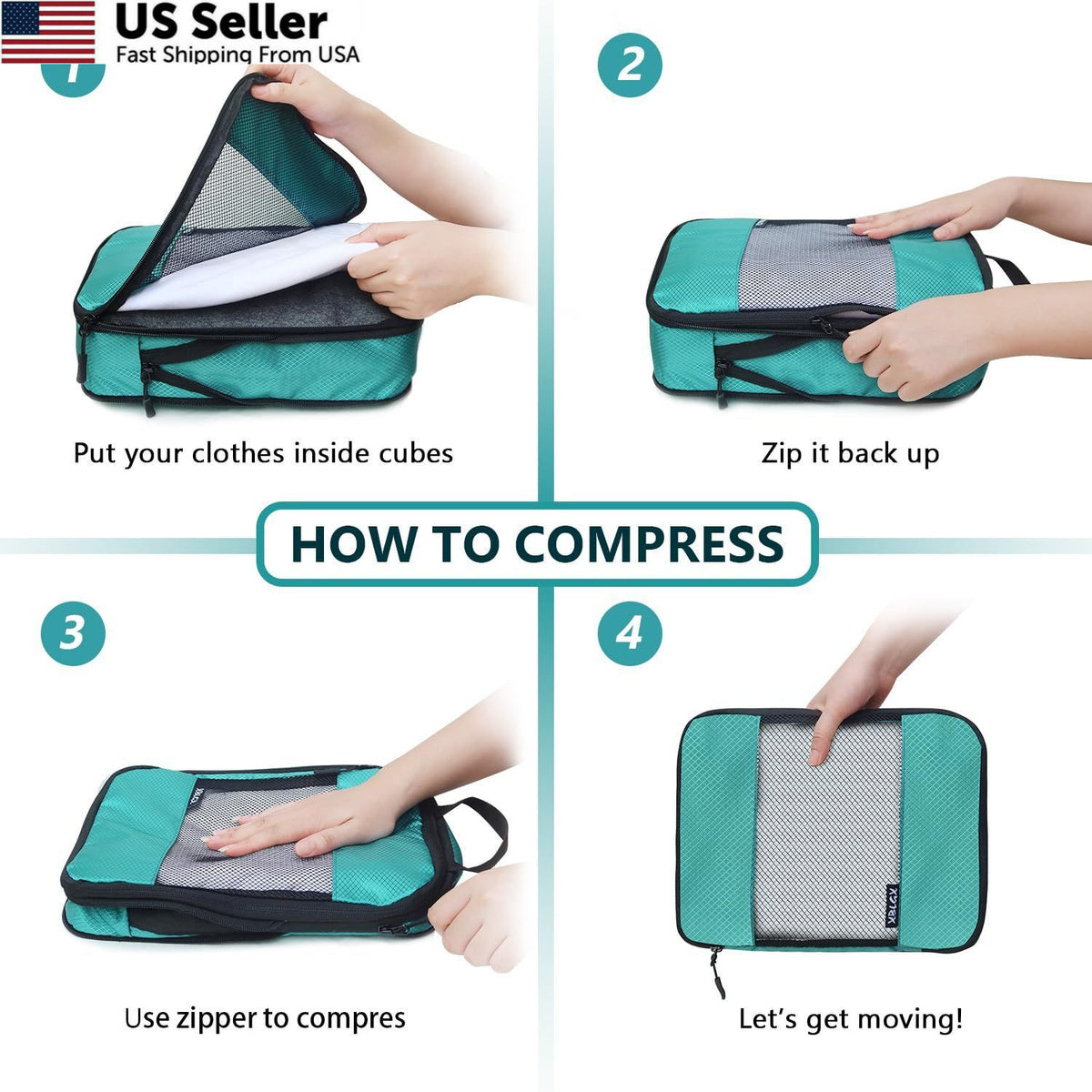 Travel Compression Packing Cubes Set of 5 - Space Saving Luggage Organizers, Green