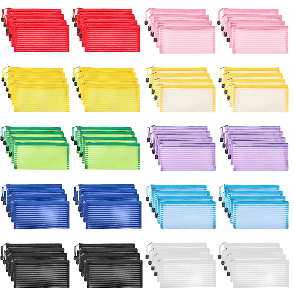 Mesh Zipper Pouches Set of 80 in 10 Colors - Durable Storage Bags for Office, Travel & Cosmetics