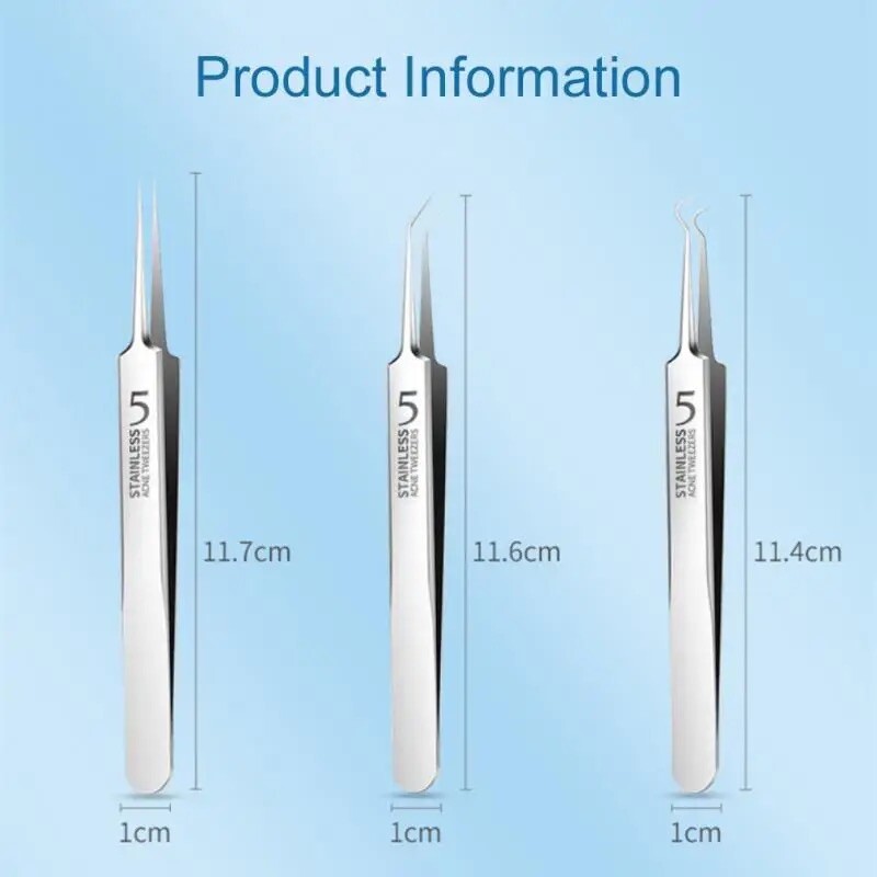 Blackhead Remover Tweezers 3-Piece Acne Pimple Blemish Extractor Set
