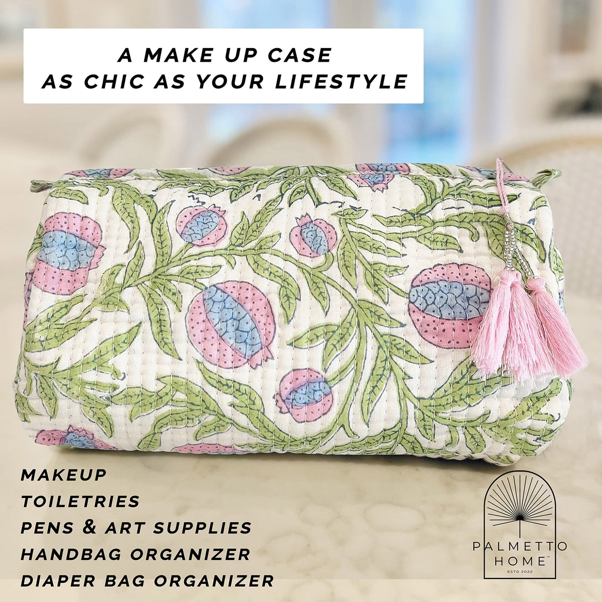 Boho Floral Quilted Toiletry Bag & Makeup Case - Pink & Blue Pomegranate