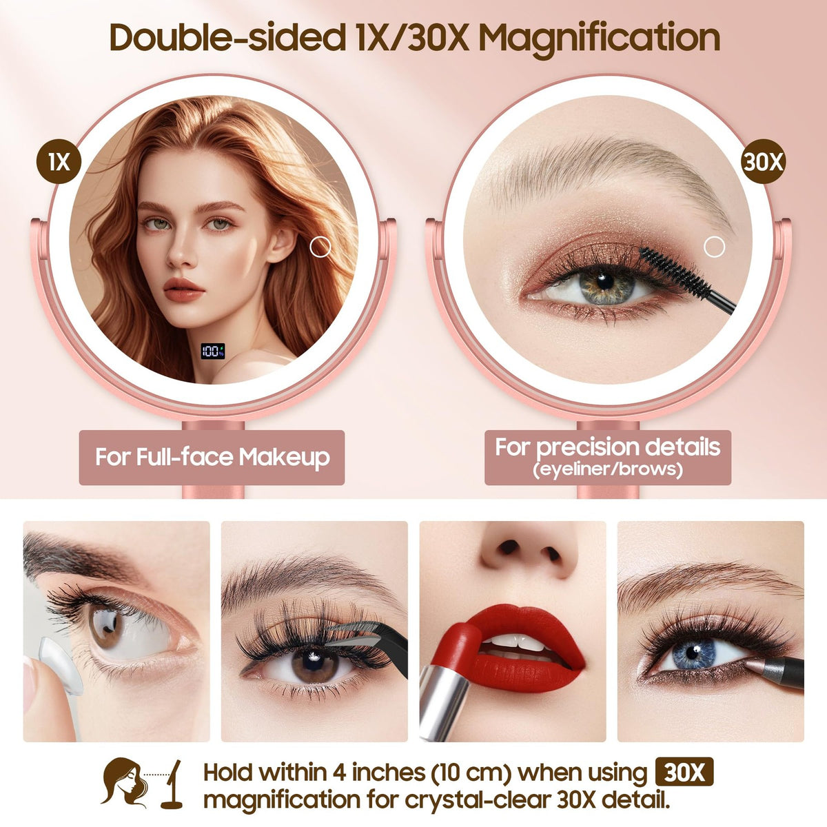 Lighting Magnifying Makeup Mirror with Touch Control 30X/1X for Desk & Travel