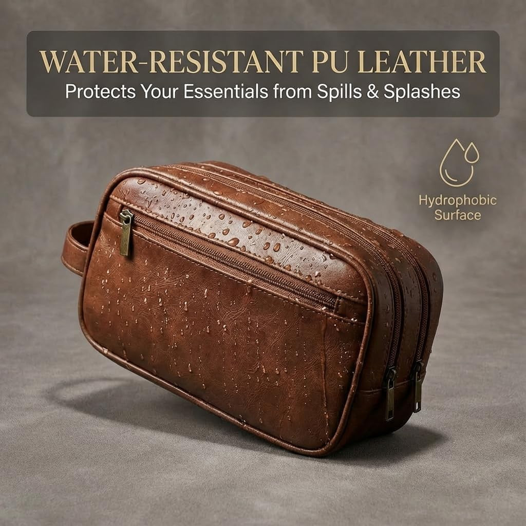 Men's Leather Travel Toiletry Bag Double Deck Waterproof Grooming Organizer