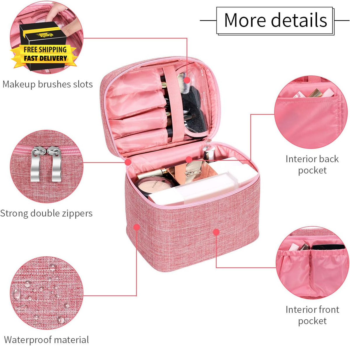 Large Travel Makeup Bag with Mesh Pouch and Organizer - Pink