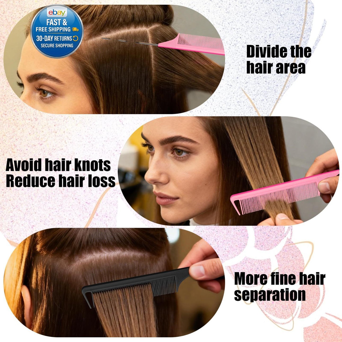 Hair Styling Comb Set with Fine Teeth and Metal Rat Tail - Multiple Colors