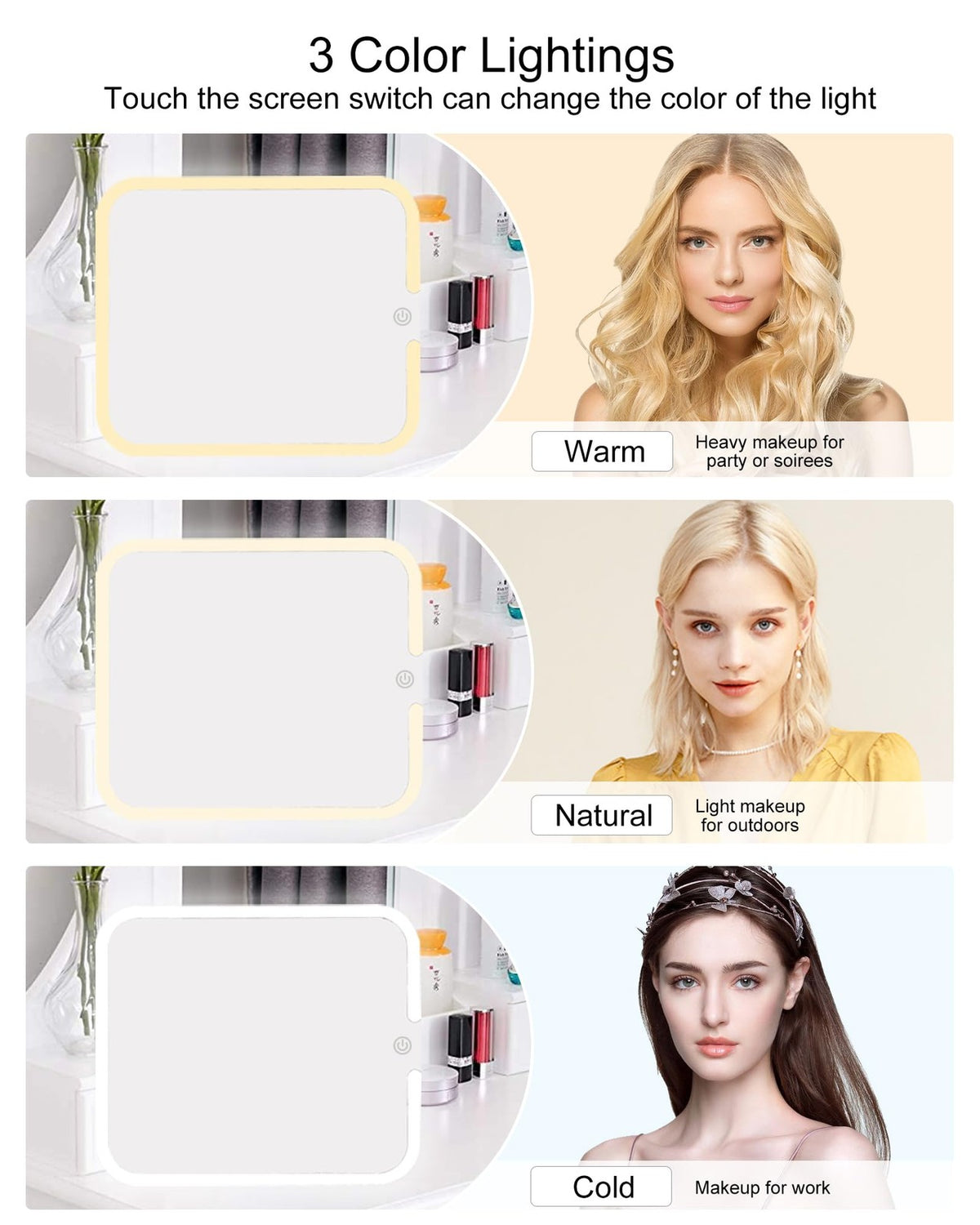 Makeup Mirror with Lights - Rechargeable LED Vanity Mirror for Makeup Bag, 3 Color Modes