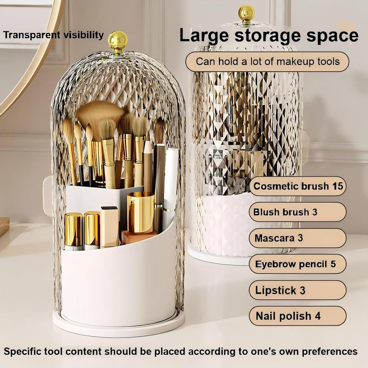 360 Rotating Makeup Brush Holder with Lid, Waterproof Dustproof Organizer