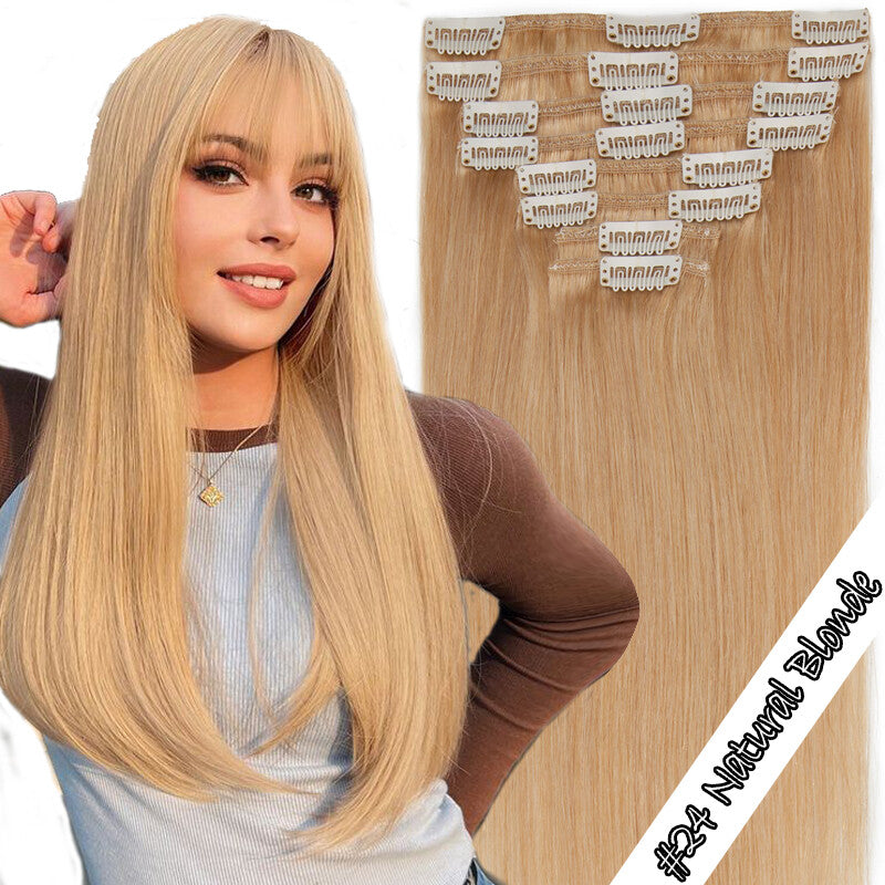 Clip-In Human Hair Extensions - Full Head 8 Pieces, Multiple Colors & Lengths