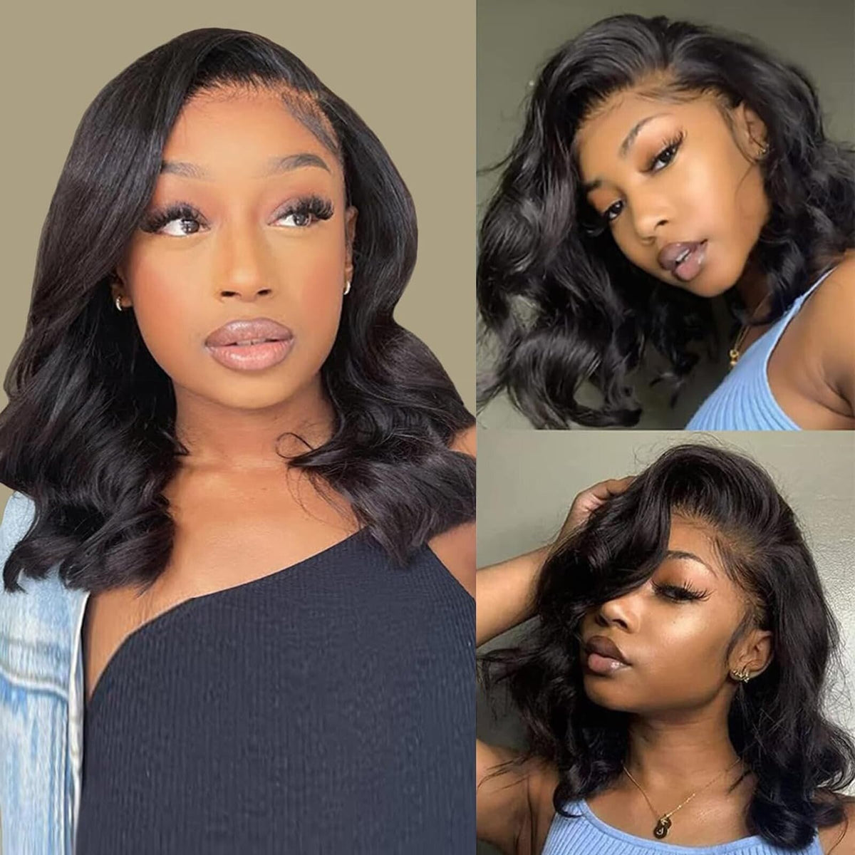 14-Inch Human Hair Bob Wigs for Women, Natural Black, Lace Front, Glueless