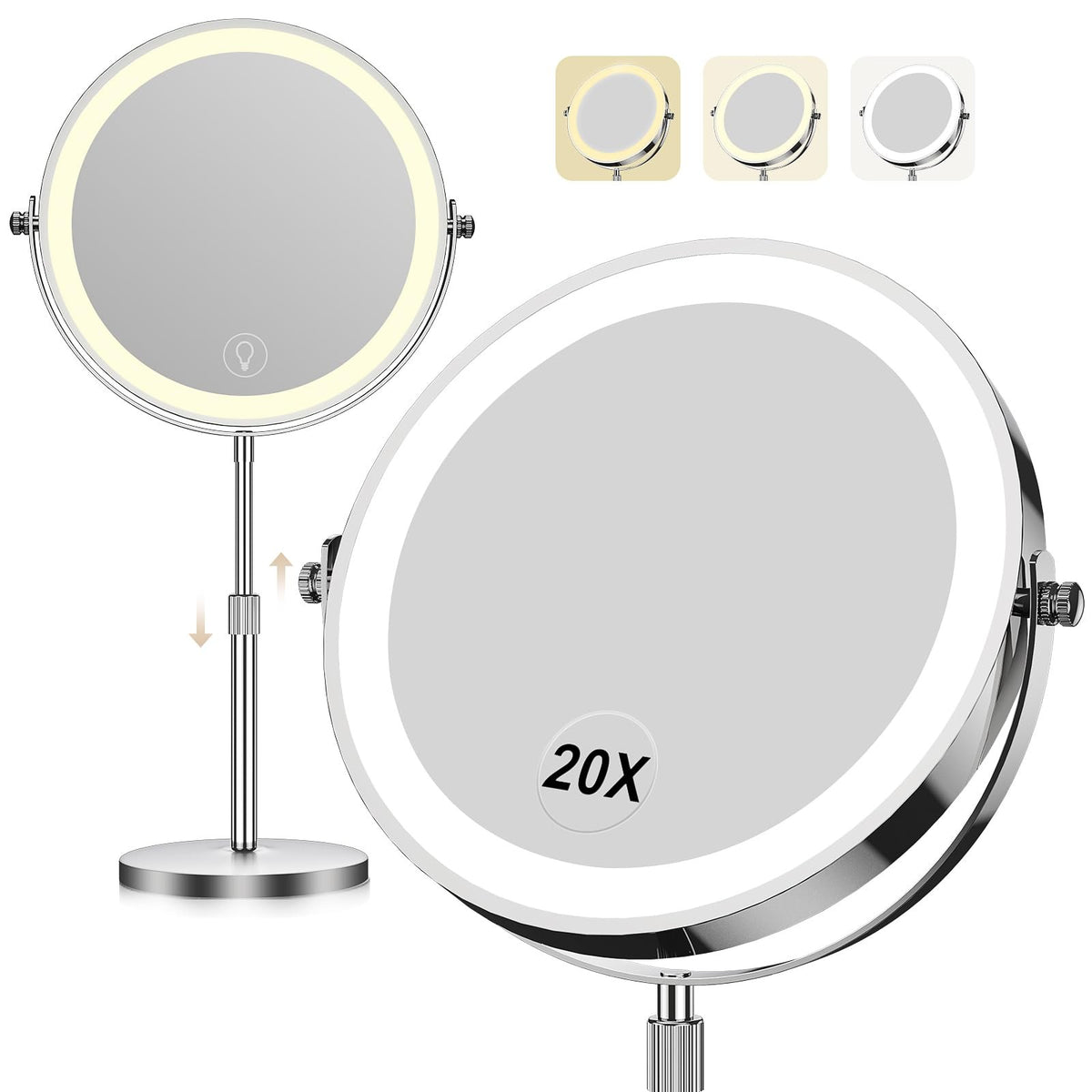 Lighted Makeup Mirror with 20X Magnification, 360° Rotation, Rechargeable LED Vanity Mirror with Adjustable Brightness and Color