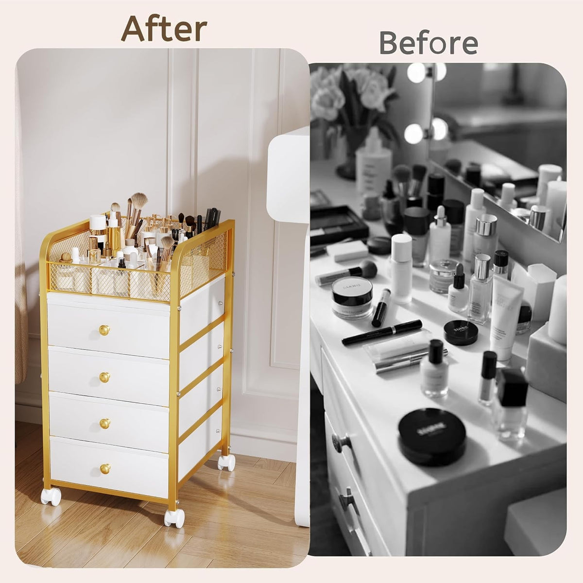 Rolling Makeup Organizer Cart with 4 Drawers and Lockable Wheels - Space Saving Vanity Storage