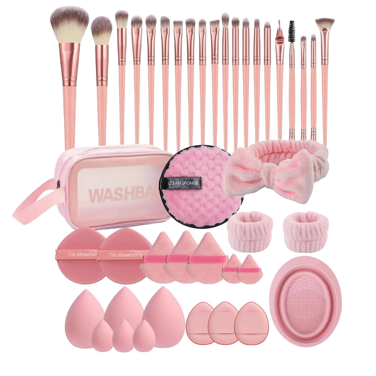 Premium Synthetic Makeup Brush Set 42Pcs with Sponges & Puffs - Pink