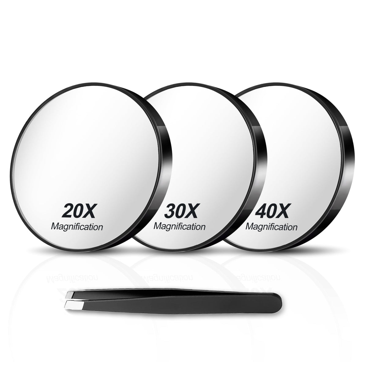 Travel Magnifying Mirror Set with 20X 30X 40X Magnification, Tweezers & Suction Cups - 3.5 Inch Compact Mirrors