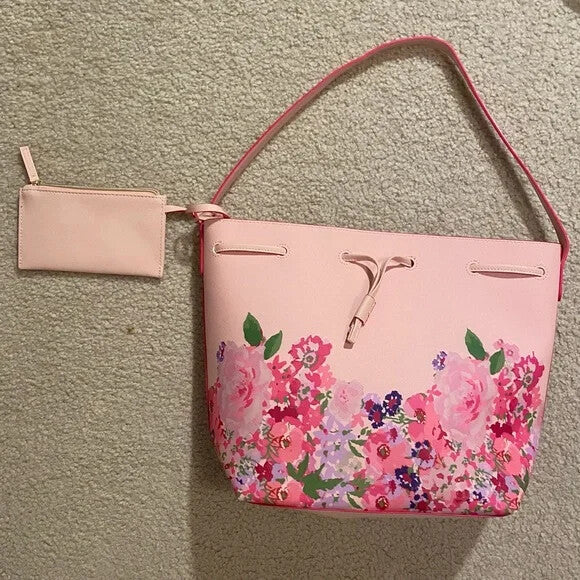 Pink Floral Drawstring Shoulder Bucket Bag - Tote Purse