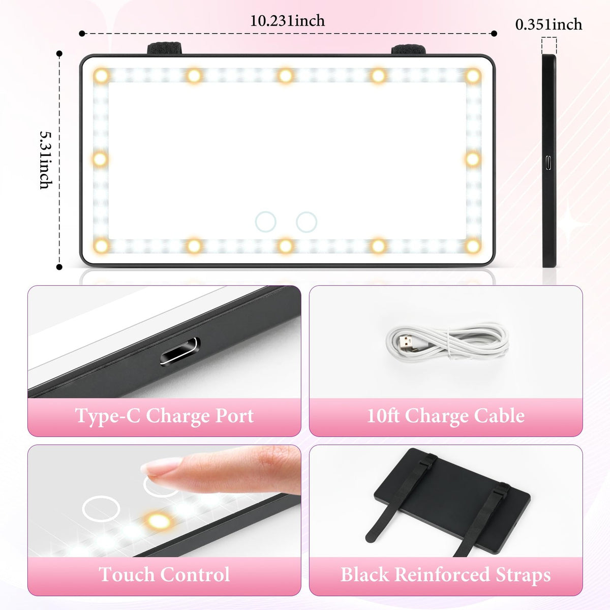 Rechargeable Car Sun Visor Vanity Mirror with 60 LEDs & Dimmable Lights