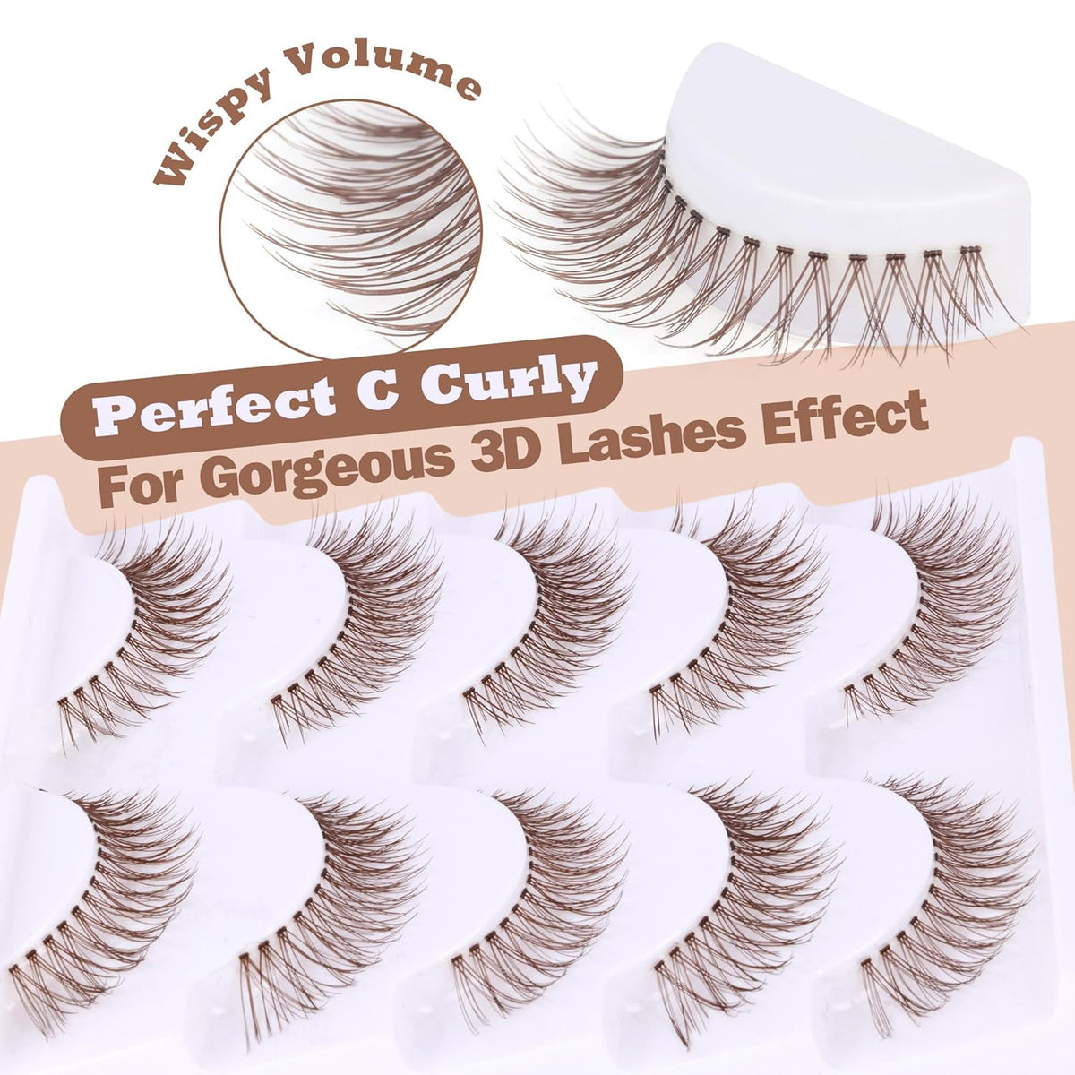 Brown False Eyelashes Natural Look Cat Eye Faux Mink Reusable 3D Volume